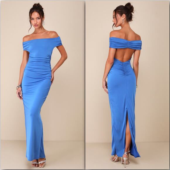 Lulus NWOT Brilliant Elegance Blue Off-the-Shoulder Backless Ruched Maxi Dress - Picture 1 of 11